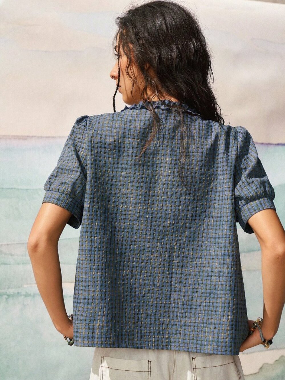 Blue Cute Women's Frill Trim Petal Sleeve Plaid Casual button down Shirt - Picture 3 of 6